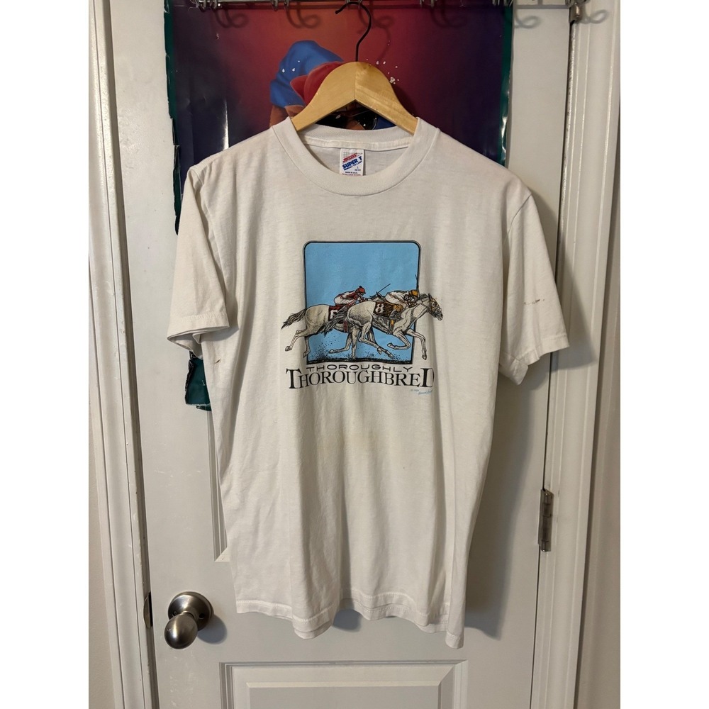 Vintage Jerzees Super T Thoroughbred Horse Racing Graphic T-Shirt White Large